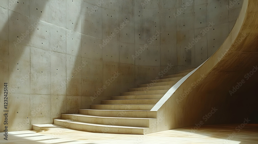 Naklejka premium Curved Concrete Staircase Ascends in Modern Interior Space with Sunlight