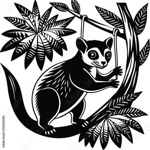 Cute panda bear resting on tree in forest illustration