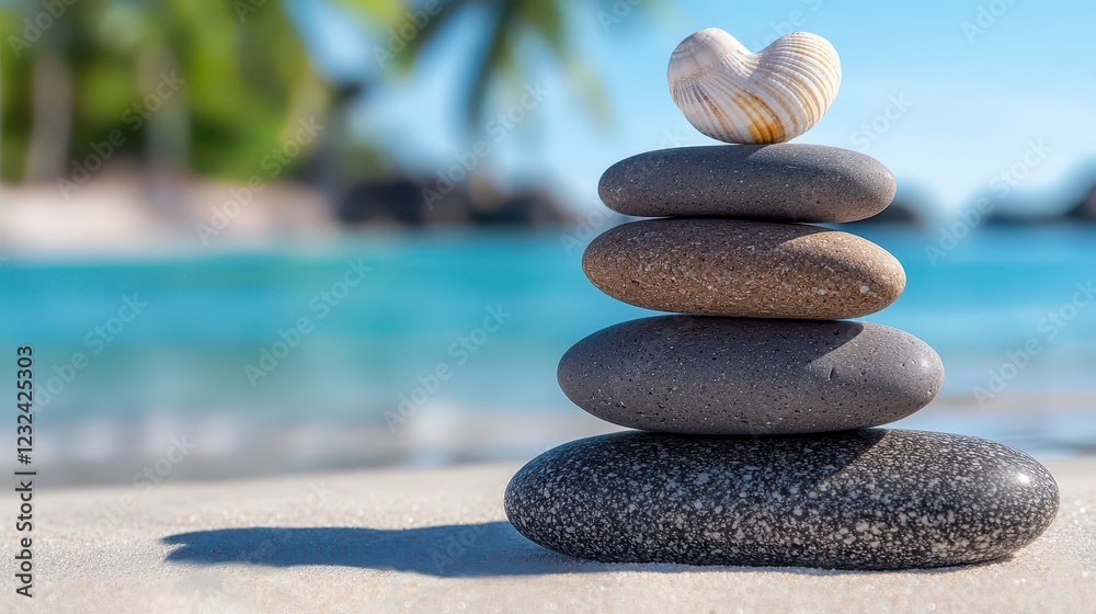 A serene stack of stones on a sandy beach, symbolizing balance and tranquility by the sparkling ocean. A serene stack of stones on a sandy beach, symbolizing balance and tranquility by the sparkling ocean.