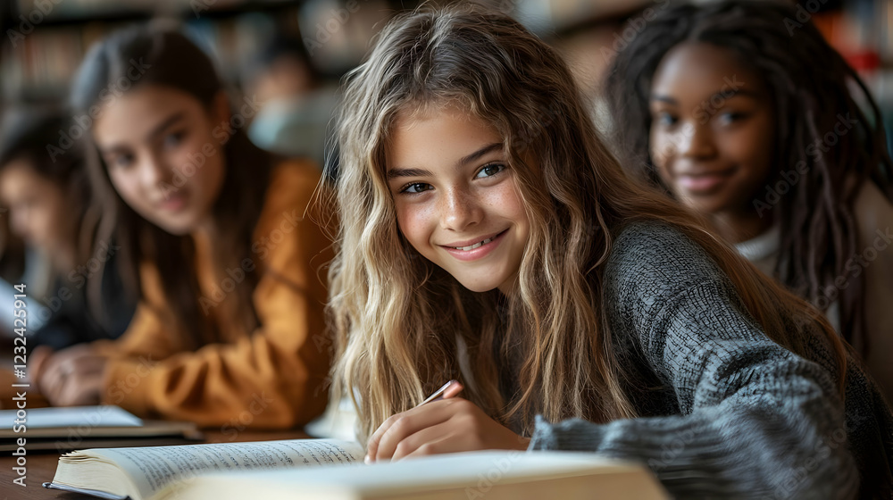 Smiling Girl Writes in Notebook at Library Table with Friends, Focused on Studies Smiling Girl Writes in Notebook at Library Table with Friends, Focused on Studies