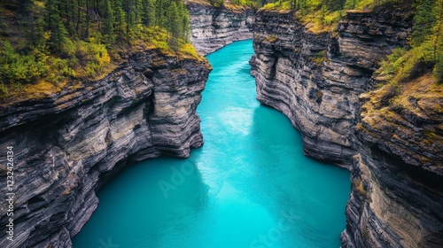 Breathtaking aerial view of the turquoise water of the yukon river winding through the steep cliffs of miles canyon, showcasing the raw beauty of the yukon territory's natural landscape