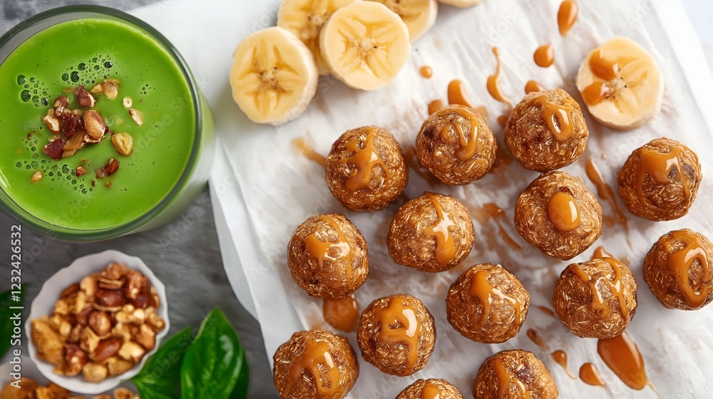 Delicious Date and Nut Energy Balls with Drizzle: A close-up image of a plate of homemade energy balls featuring dates, nuts, and a decadent caramel drizzle. Delicious Date and Nut Energy Balls with Drizzle: A close-up image of a plate of homemade energy balls featuring dates, nuts, and a decadent caramel drizzle.