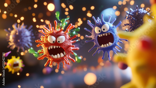 Colorful, cartoonish virus characters expressing anger amidst a dynamic, sparkling background, symbolizing illness