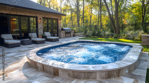Luxury Backyard Hot Tub with Jets Bubbling Vigorously on a Sunny Day near Patio Furniture.