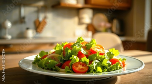Fresh and Colorful Vegetable Salad with Lettuce, Cherry Tomatoes, and Onions on a White Plate in a Bright Kitchen Setting