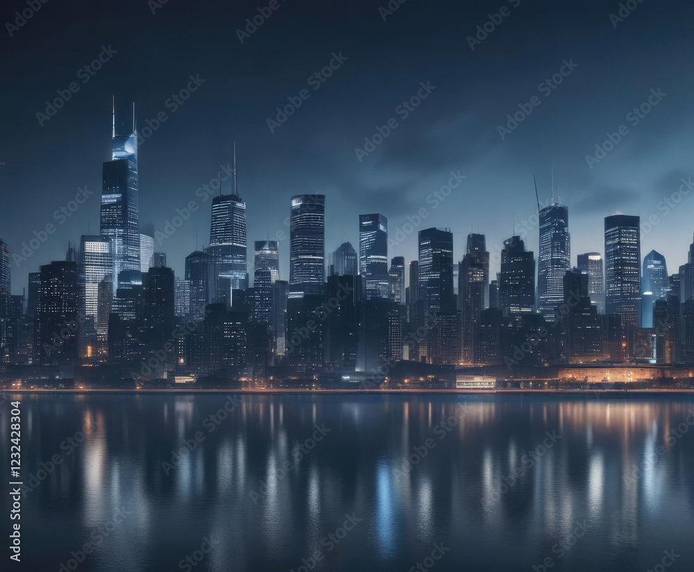 Obraz premium Darkened blue gradient with blurred cityscape, blurred architecture, atmospheric effect, nighttime atmosphere