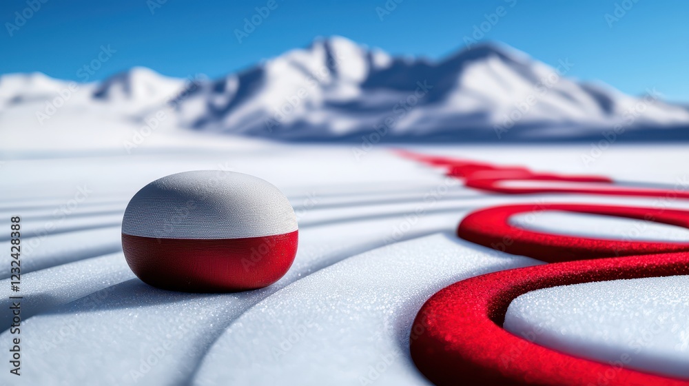 Obraz premium A vibrant red curling stone resting on a smooth snowy surface with mountain backdrop, showcasing winter sports excitement.