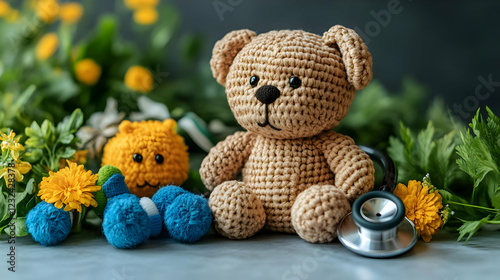 Crocheted Bear, Cat, and St...