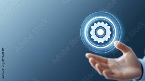 Businessman in a suit activates digital interface by touching button with his finger