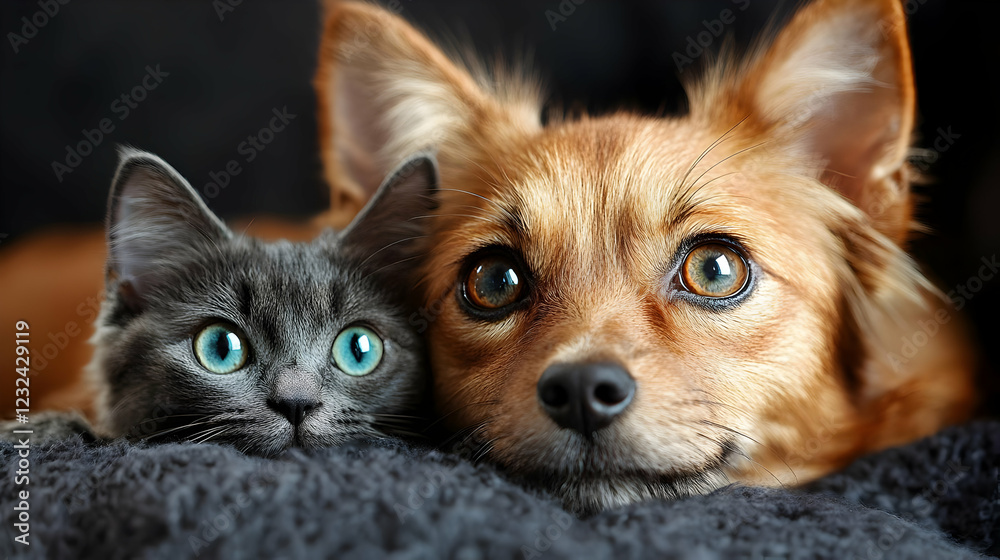 Adorable Dog and Cat Rest Together on a Cozy Blanket, Showing Inter-species Friendship. Adorable Dog and Cat Rest Together on a Cozy Blanket, Showing Inter-species Friendship.
