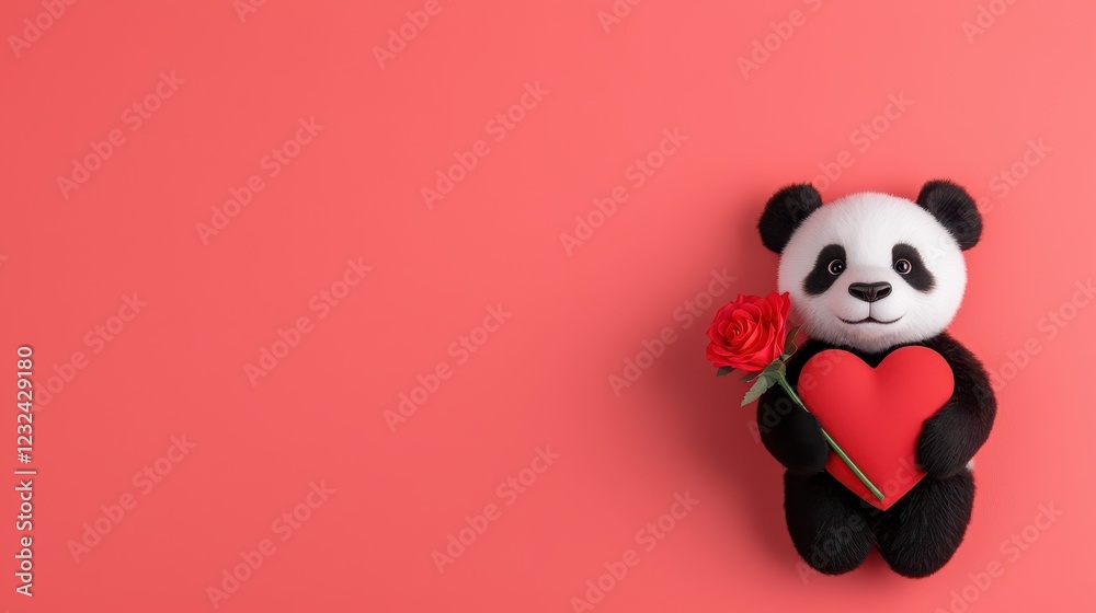 Adorable panda plush toy holding a red heart and a rose, perfect for expressing love and affection.