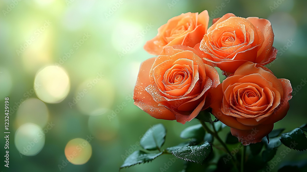 Three Peach Roses Bloom Beautifully with Dewdrops on a Soft Green Background Three Peach Roses Bloom Beautifully with Dewdrops on a Soft Green Background