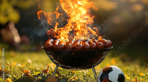 Sausages grilling over open...