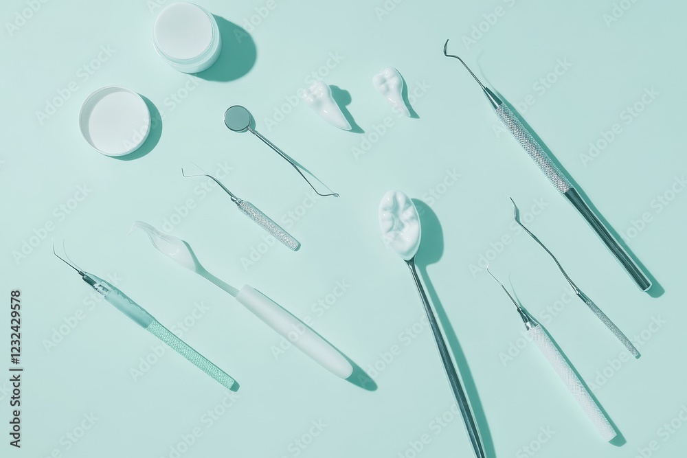 Flat lay of dental tools, models, and containers on a light green background. Flat lay of dental tools, models, and containers on a light green background.