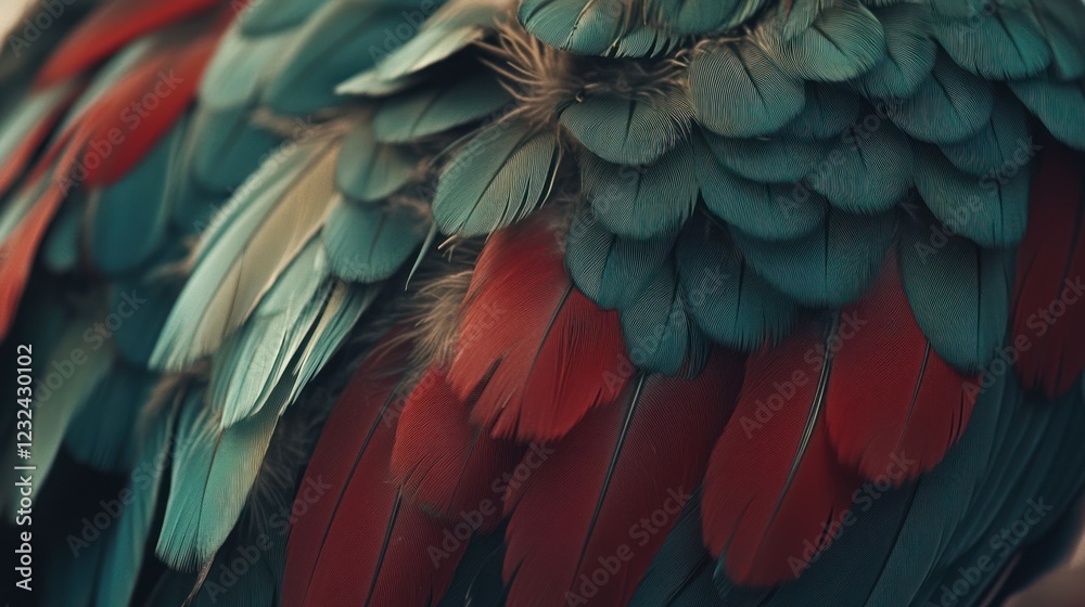 Fototapeta premium Vibrant Parrot Feathers Close-Up: Teal and Crimson Plumage