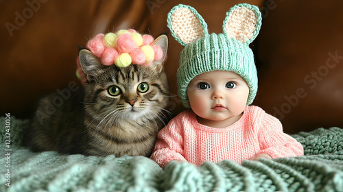 Adorable Baby and Cat with ...