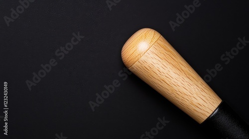 Close-up of a wooden baseball bat handle against a dark background, highlighting craftsmanship and design details. photo