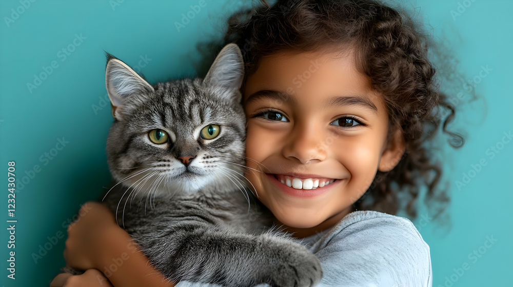 Smiling Child Holds Gray Tabby Cat Closely and Lovingly on Teal Background Smiling Child Holds Gray Tabby Cat Closely and Lovingly on Teal Background