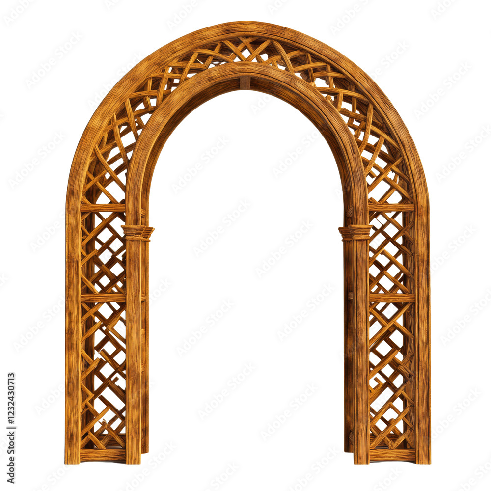 A decorative wooden archway with intricate latticework, designed for garden or event settings, showcasing elegant craftsmanship.
