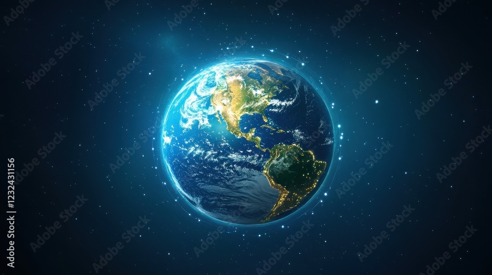 A Stunning View of Earth from Space with Vibrant Colors, Stars, and a Glowing Atmosphere Showcasing North and South America in a Cosmic Background A Stunning View of Earth from Space with Vibrant Colors, Stars, and a Glowing Atmosphere Showcasing North and South America in a Cosmic Background