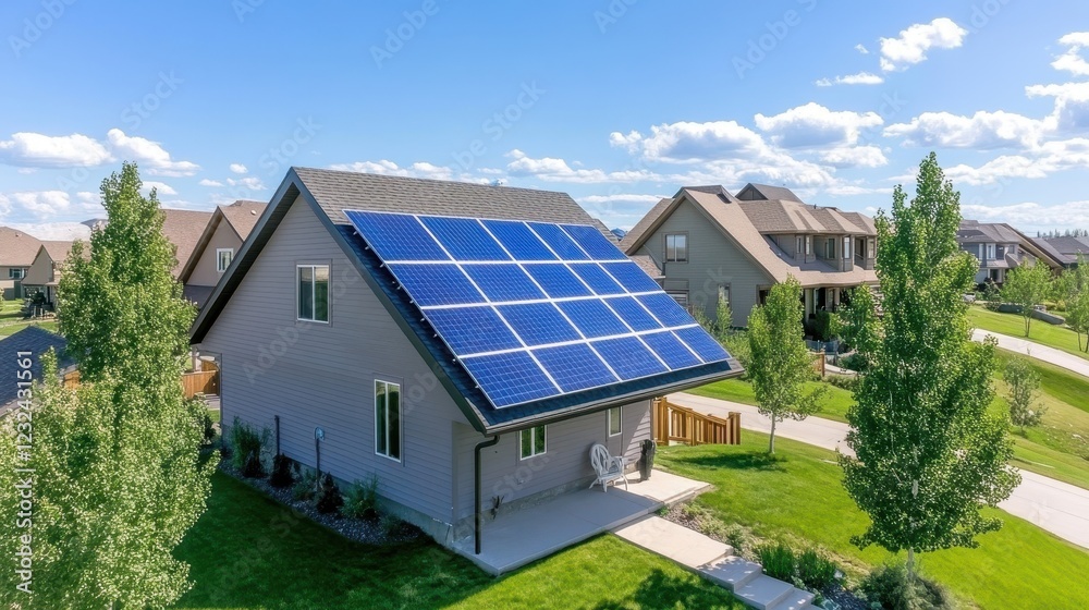 Modern Home with Solar Panels in a Suburban Setting Surrounded by Lush Green Lawns and Clear Blue Sky, Showcasing Renewable Energy Solutions and Sustainable Living Modern Home with Solar Panels in a Suburban Setting Surrounded by Lush Green Lawns and Clear Blue Sky, Showcasing Renewable Energy Solutions and Sustainable Living