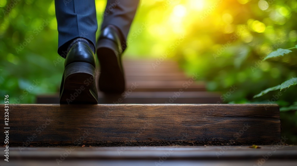 Low angle view of a person in dark pants and black leather shoes ascending a wooden staircase in a sun drenched forest. Lush green foliage and bright Low angle view of a person in dark pants and black leather shoes ascending a wooden staircase in a sun drenched forest. Lush green foliage and bright