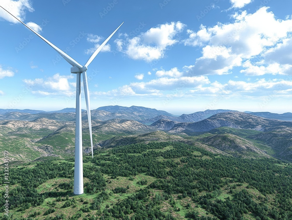 Wind turbine situated on a mountain against a clear blue sky with green landscape in the background Wind turbine situated on a mountain against a clear blue sky with green landscape in the background