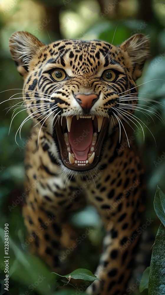 Naklejka premium Fierce Leopard Roaring - 4K Ultra HD Wildlife Photography Wallpaper
