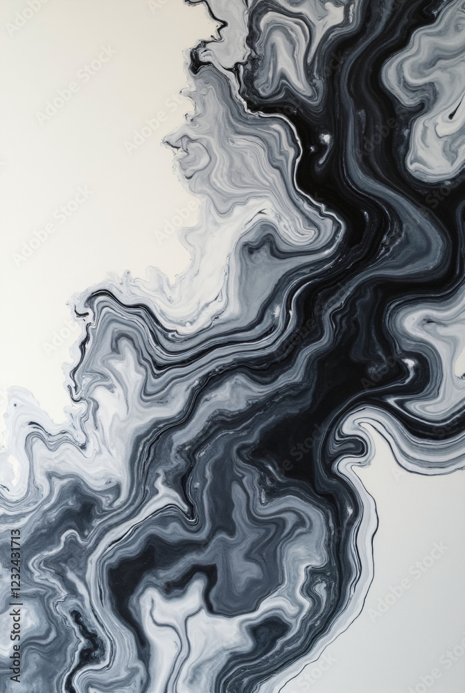 Black alcohol ink paint stroke flowing on white background. Watercolor splash, painting effect. Marble style. Abstract art design. Smoke or marble canvas texture