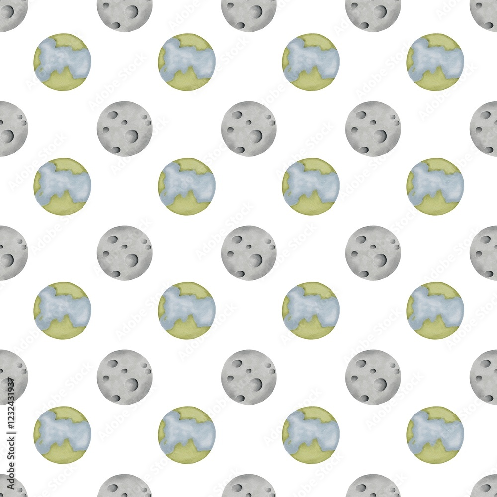 Watercolor baby space pattern featuring planets and moons designed for textiles and wrapping Watercolor baby space pattern featuring planets and moons designed for textiles and wrapping