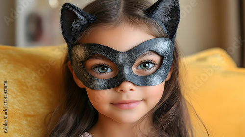 Young Girl Wears a Cat Mask...