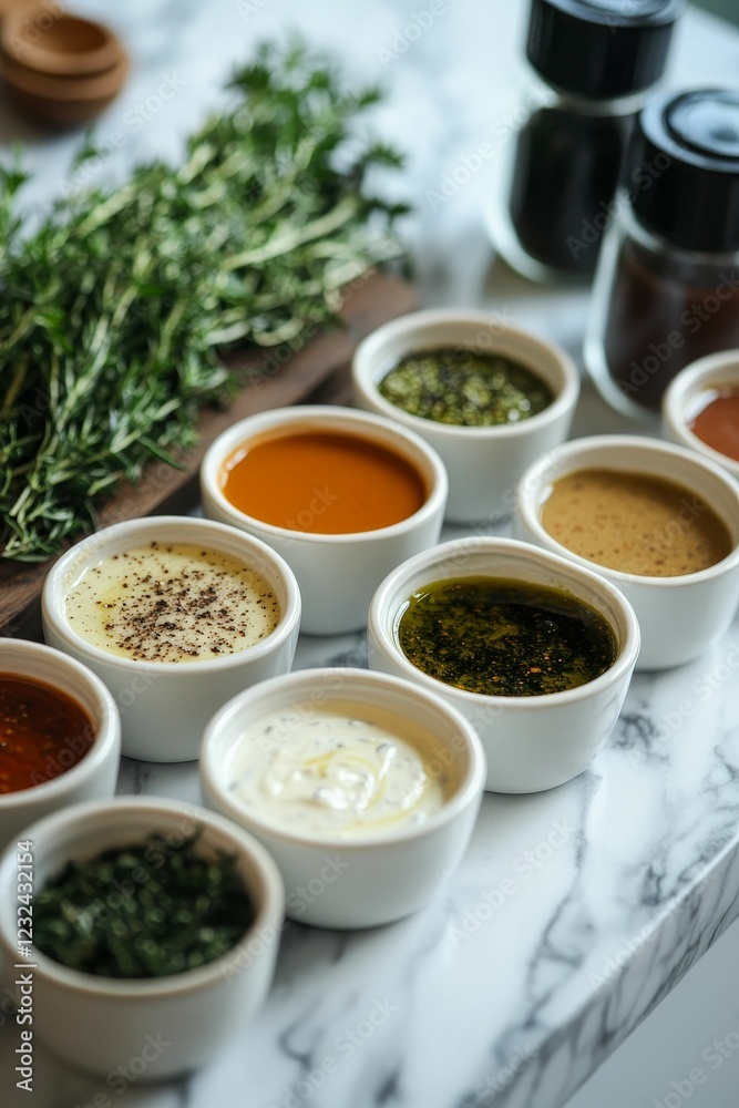Many bowls of sauces and herbs on marble. Many bowls of sauces and herbs on marble.