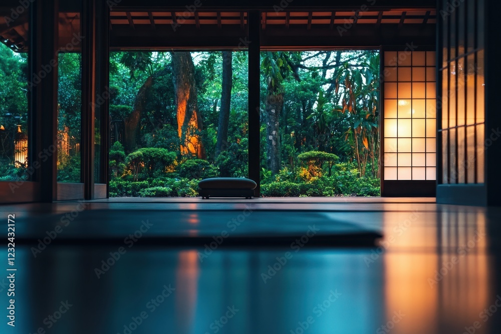 Fototapeta premium Tranquil garden view from a serene interior space during twilight hours