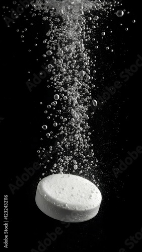 A white effervescent tablet dissolving in water against a dark background, creating a contrast with the rising bubbles. The macro shot captures the dynamic chemical reaction.