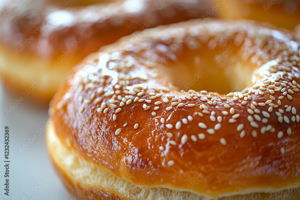 Close-up of a brioche pastry with a glaze and sesame seeds, on a white background, isolated, macro shot, side view, high-resolution photography.
Close-up of a brioche pastry with a glaze and sesame seeds, on a white background, isolated, macro shot, side view, high-resolution photography.