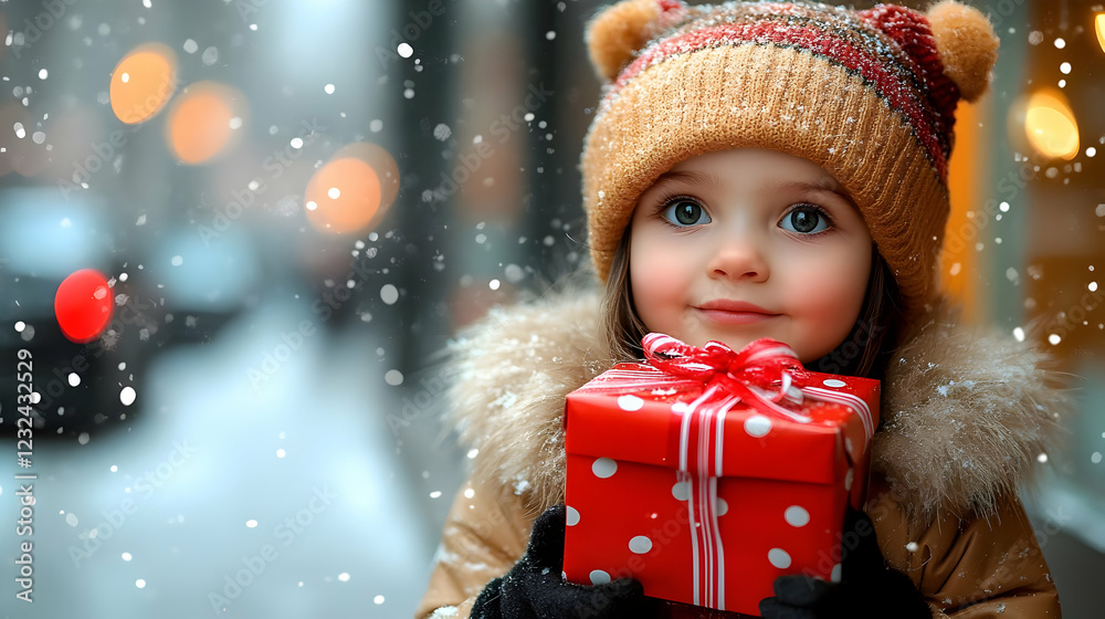 Smiling Child Holds a Red Gift Box in Snowy Winter City Street Joyfully Smiling Child Holds a Red Gift Box in Snowy Winter City Street Joyfully