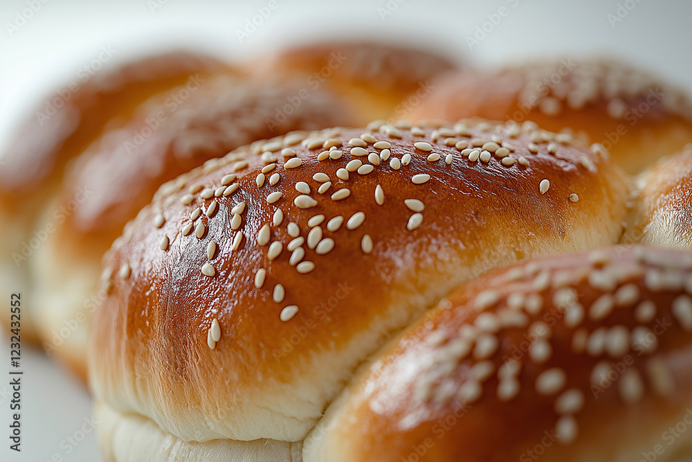 Close-up of a brioche pastry with a glaze and sesame seeds, on a white background, isolated, macro shot, side view, high-resolution photography.
Close-up of a brioche pastry with a glaze and sesame seeds, on a white background, isolated, macro shot, side view, high-resolution photography.