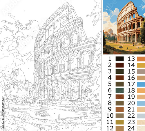 Ancient Roman Colosseum - Color by Numbers Template - Historic Landmark: Colosseum - Digital Coloring Page