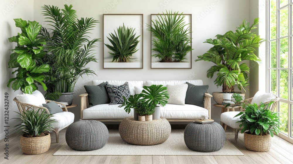 Fototapeta premium Lush living room plants, sofa, sunlight, interior design