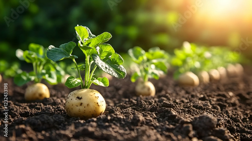 Young potato plant grows in...