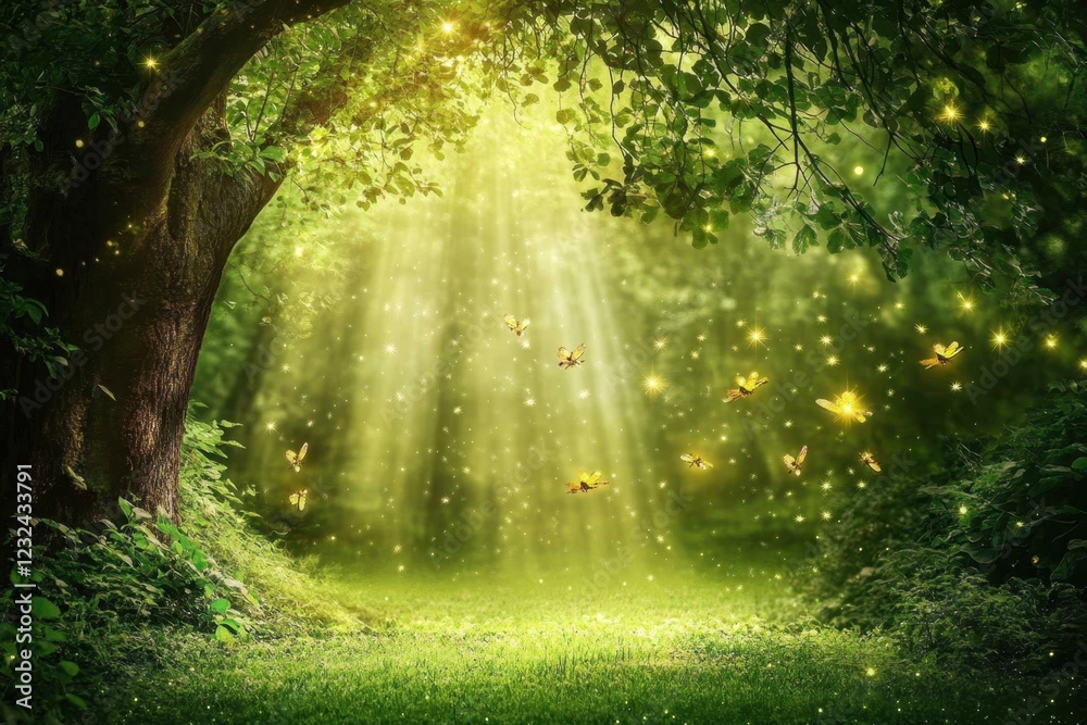 Fototapeta premium Sunlight filters through foliage in a magical forest filled with sparkling fairies