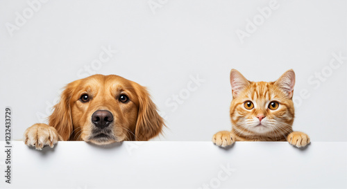 Wallpaper Mural Dog and cat peeking over white surface. Golden retriever dog and orange tabby cat looking at the camera with paws on the edge. Pets animals on white background Torontodigital.ca