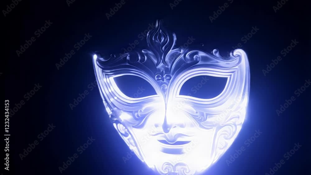 Ornate venetian mask radiating ethereal blue luminescence, gently rotating against deep black backdrop, evoking enigmatic and sophisticated visual narrative of carnival mystique