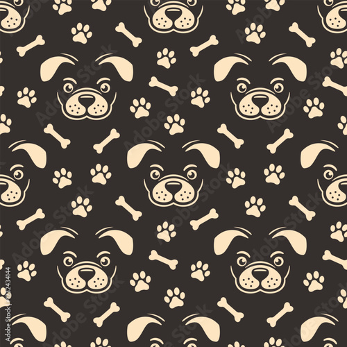 Minimalist beige dog faces, bones and paws prints on dark background. Vector seamless pattern.