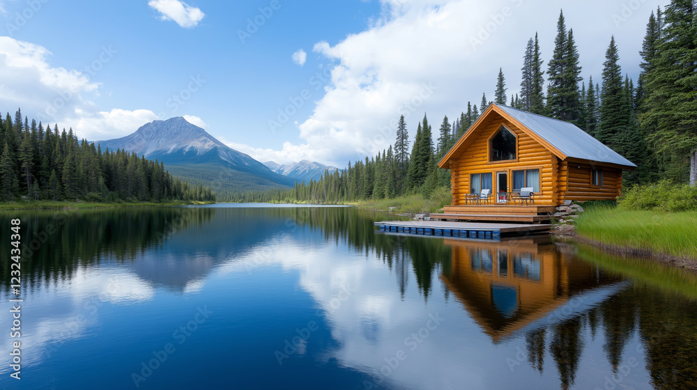 Naklejka premium Lakeside retreat surrounded by tall pine trees and mountains in a serene landscape