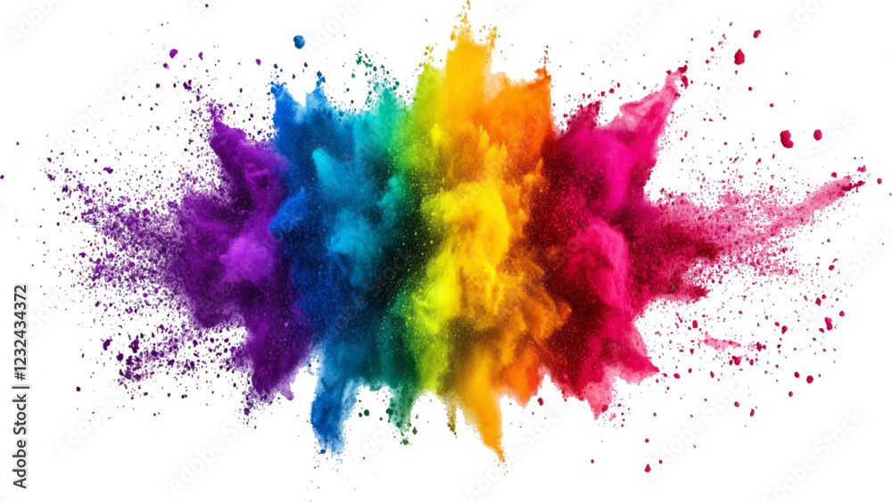 Colorful dust explode. Paint Holi. colorful vibrant rainbow Holi paint color powder explosion with bright colors isolated white background.	