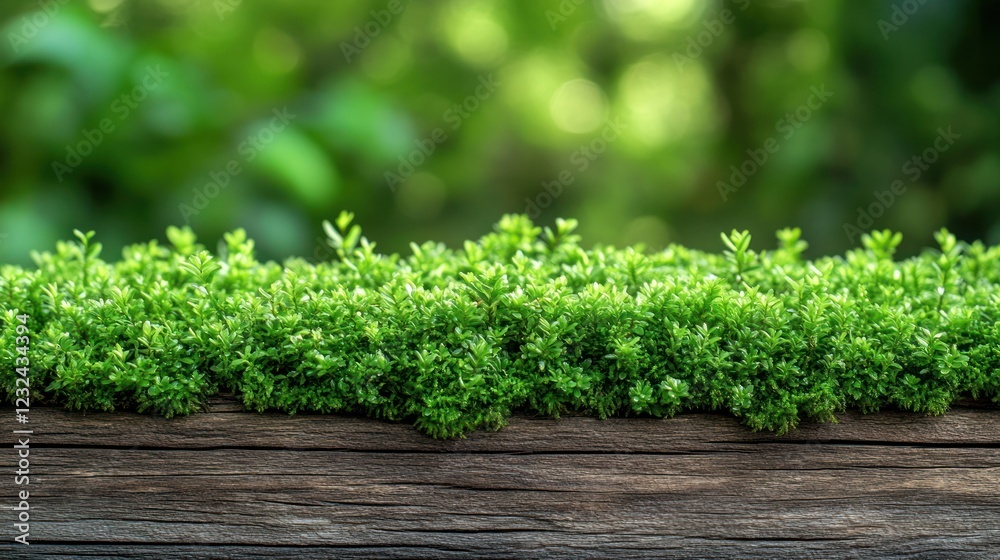 Lush moss on wood, nature background, green, product display Lush moss on wood, nature background, green, product display
