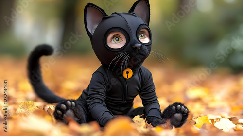 Adorable Black Cat Sits Pea...