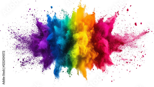 Colorful dust explode. Paint Holi. colorful vibrant rainbow Holi paint color powder explosion with bright colors isolated white background.	