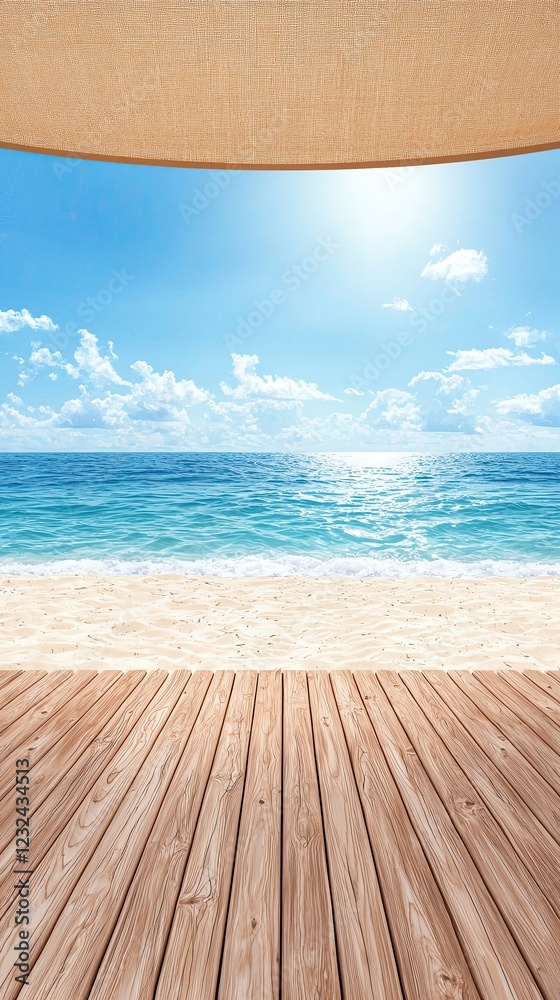 Obraz premium Summer Beachside Remote Work Setup of A tranquil beachfront view featuring clear blue skies, gentle waves, and soft sandy shores inviting relaxation and escape.